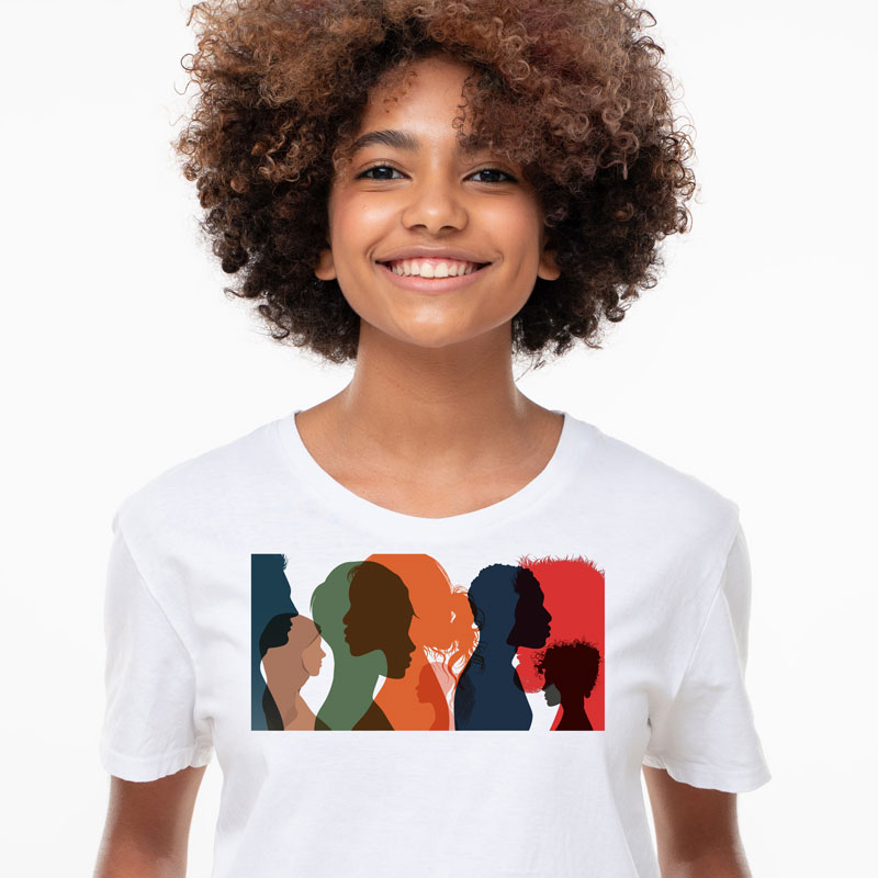 Man wearing a dark gray t shirt with white line drawn hands, one a fist the other open flat, with text about PTSD